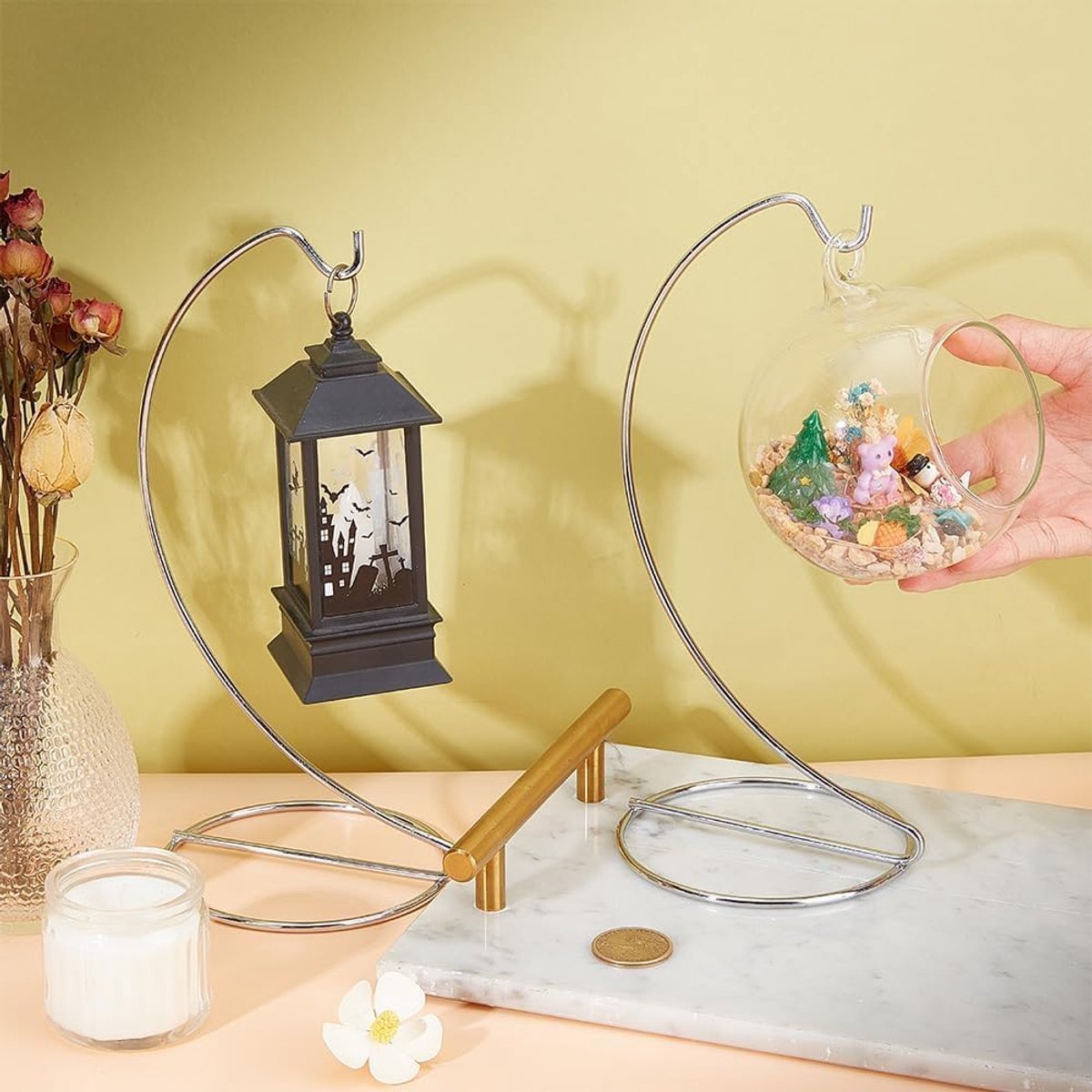 SnelShoppen - Decoratie Stand - 2 Stuks Glazen Bal Houder Zilver - Kerstbal Houder Metaal Ijzeren Draad Stand voor Hangende Ornamenten - Perfect voor