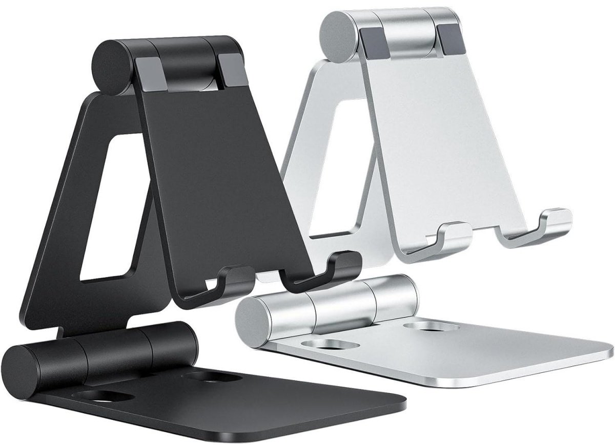 GELLDG Dubbel inklapbare telefoonstandaard - Set van 2 - Verstelbare telefoonhouder geschikt voor op het bureau - Geschikt voor iPhone 16/15/14/13/12/11 Pro Max/Xs/Xr/X, Huawei, Galaxy en alle smartphones - Zwart en zilver