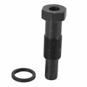 Zwarte kettingspanner met zeskantkop, schroefdraad en losse ring.