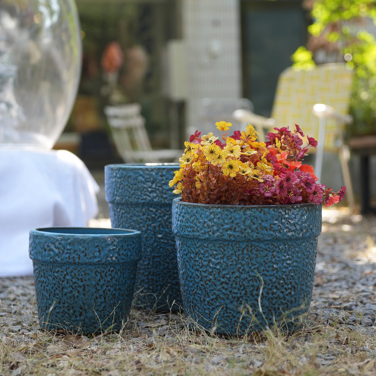 MODENUIT Bloempotset – 3-Delig – Ø 38,1 cm – Keramiek – Antiekblauw – Rond – Voor Binnen & Buiten