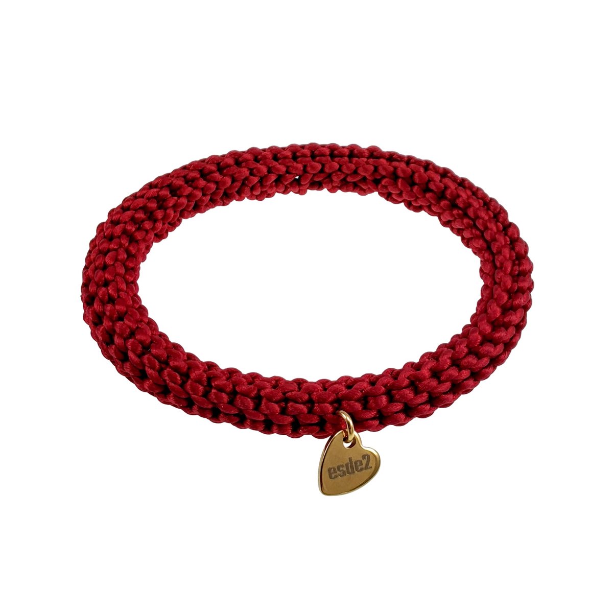 Crochet Damesarmband Bordeauxrode van Satijnkoord met Goudkleur RVS Hart Bedel, Breed 10 mm - Polslenmaat 16 tot 17 cm