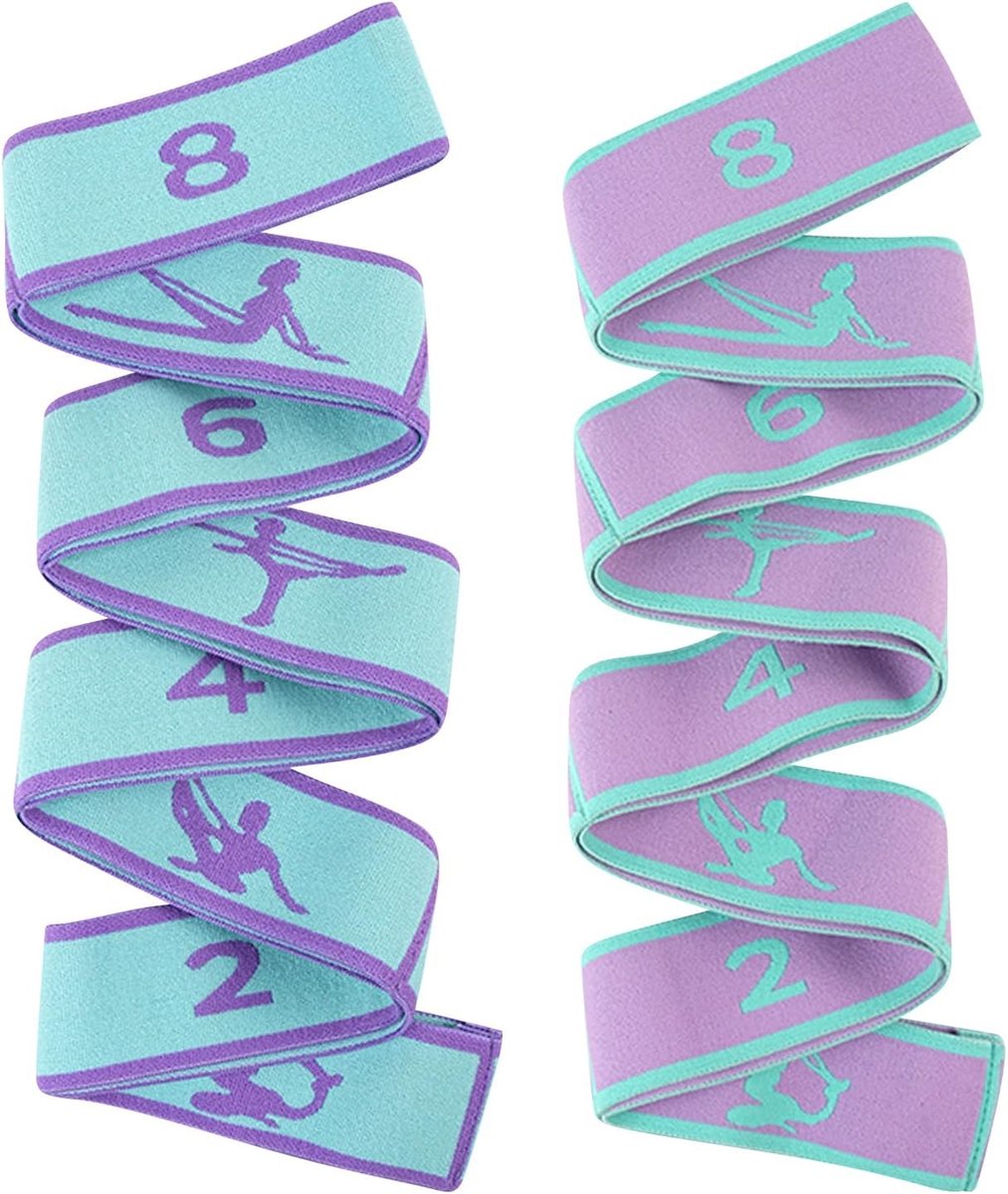 Set van 2 Yoga Stretch Bands met 8 Loops - Elastische Fitnessbanden voor Pilates, Dans en Effectieve Rektraining