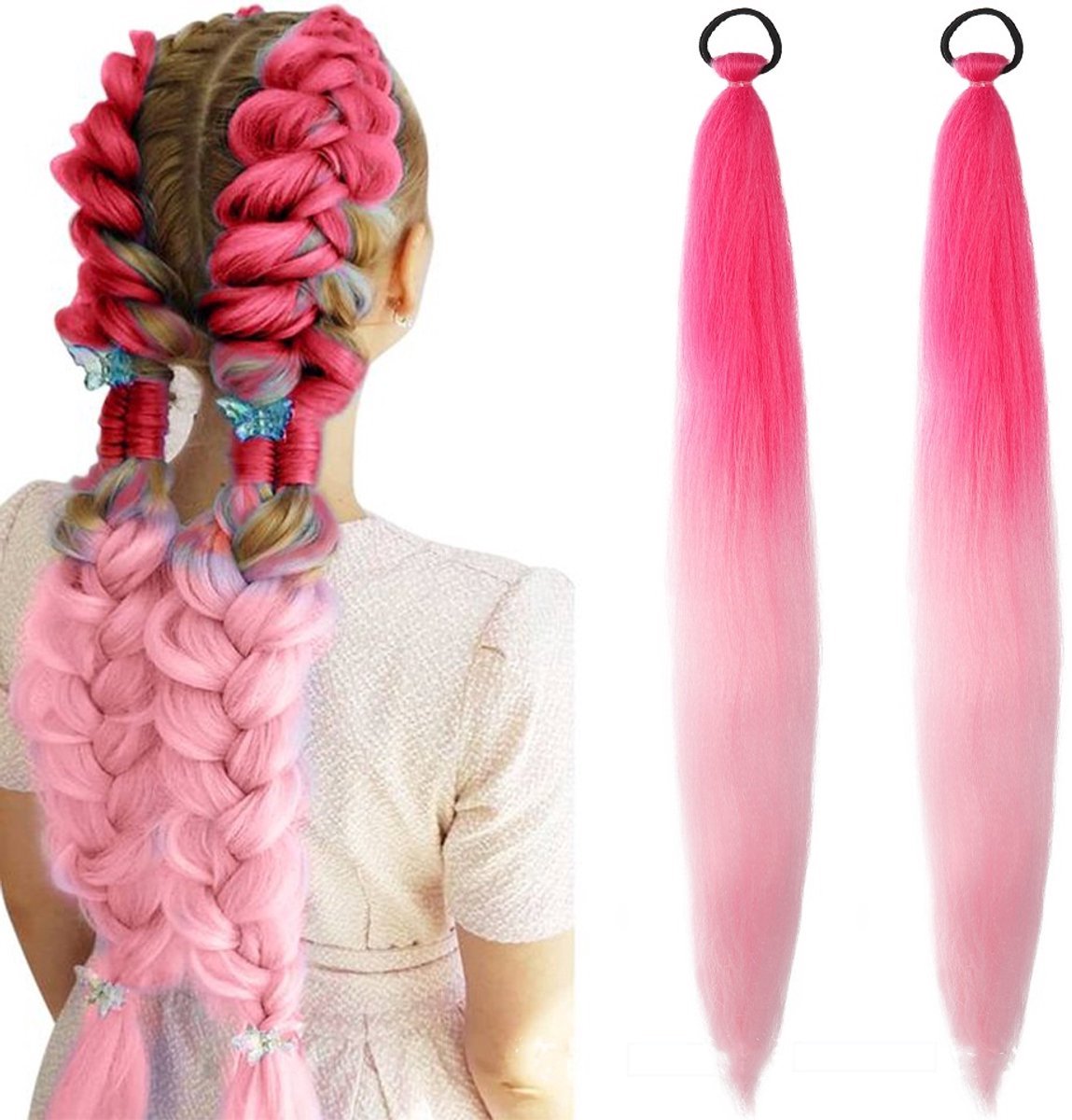 Casalora Roze Verloop Pruik – Gevlochten Haarverlenging – 2 Stuks Dubbele Paardenstaart Pruik – Geschikt voor Cosplay, Carnaval, op Feestjes en als Halloween – Anime Kostuumaccessoire