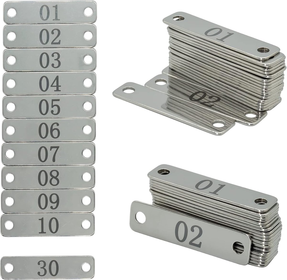 RVS Rechthoekige Genummerde Tags met Twee Gaten voor Labeling en Organisatie 4cm x 1cm (1-30)