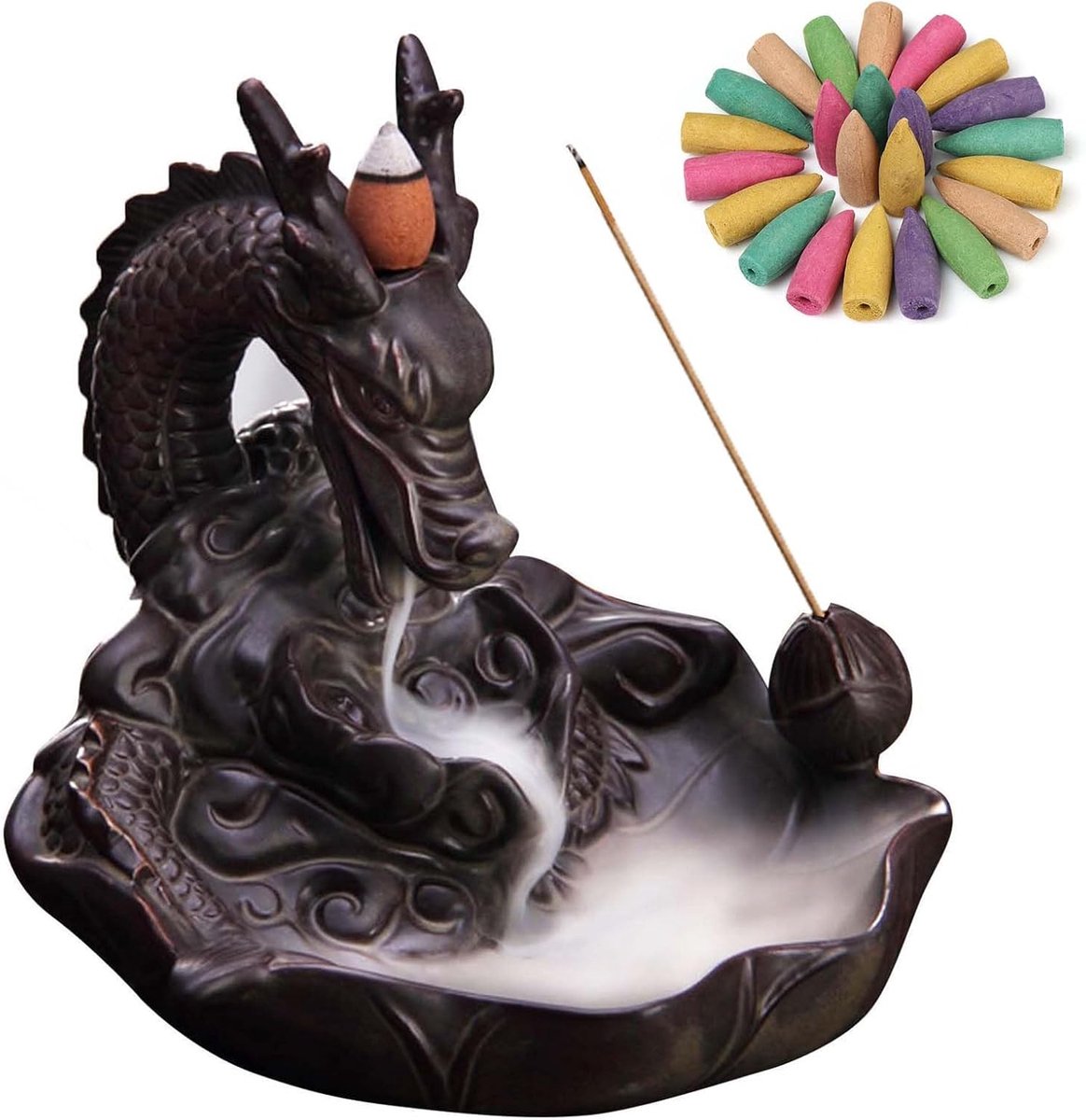Keramische Dragon Backflow Wierookbrander, Home Decoreer Waterval Backflow Wierookbrander Houder Met 20PCs Backflow - ShopVlot