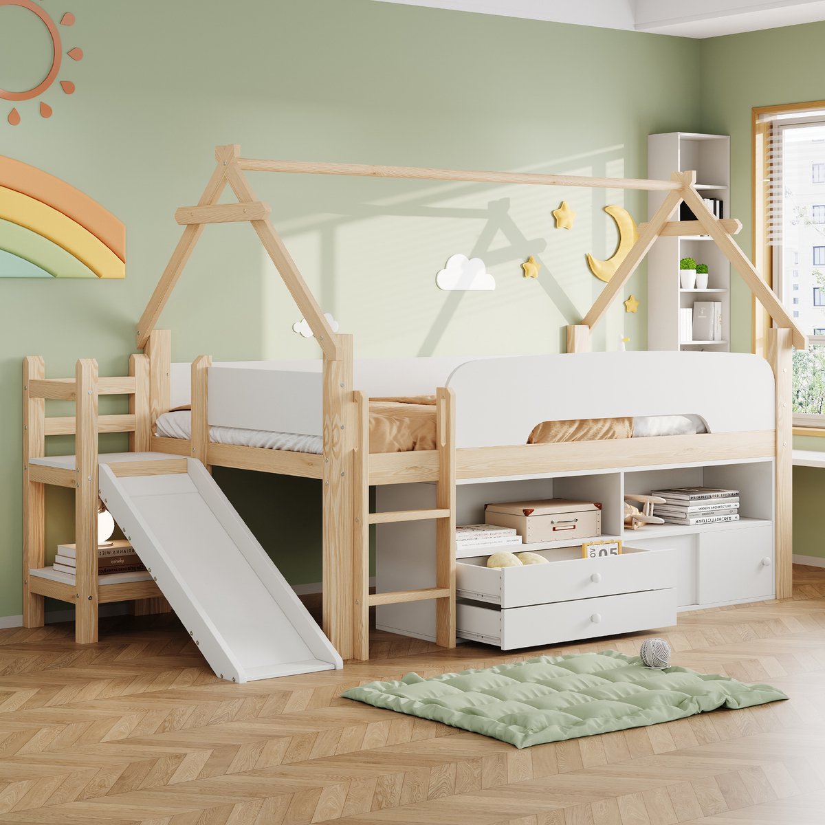 Zubaliya MDF Hoogslaper 90x200 cm Naturel en Wit Met Opbergruimte, Laden, Valbeveiliging Naturel Wit