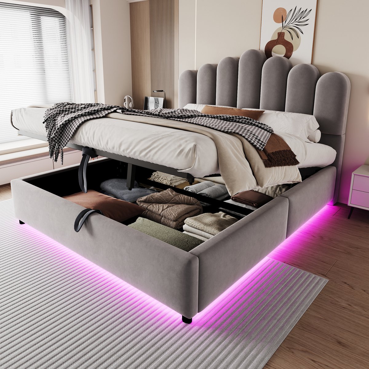 Opklapbed 140x200 cm - Met Opbergruimte - Met LED-verlichting - Met Hoofdeinde - Met Fluweel - Grijs