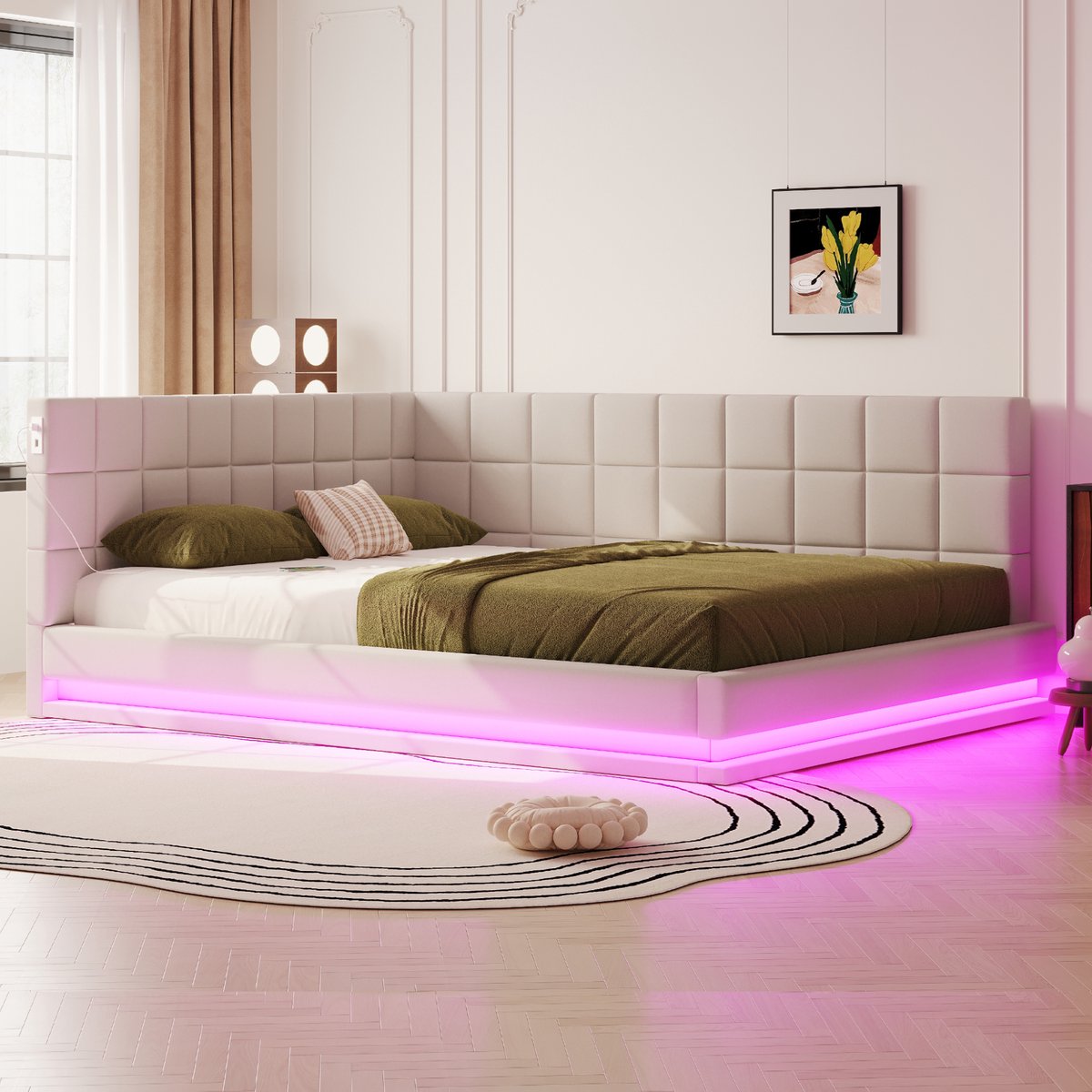 Slaapbank 160x200 cm - Met LED-verlichting - Met USB-aansluiting - Met Kleurwisselende LED - Beige