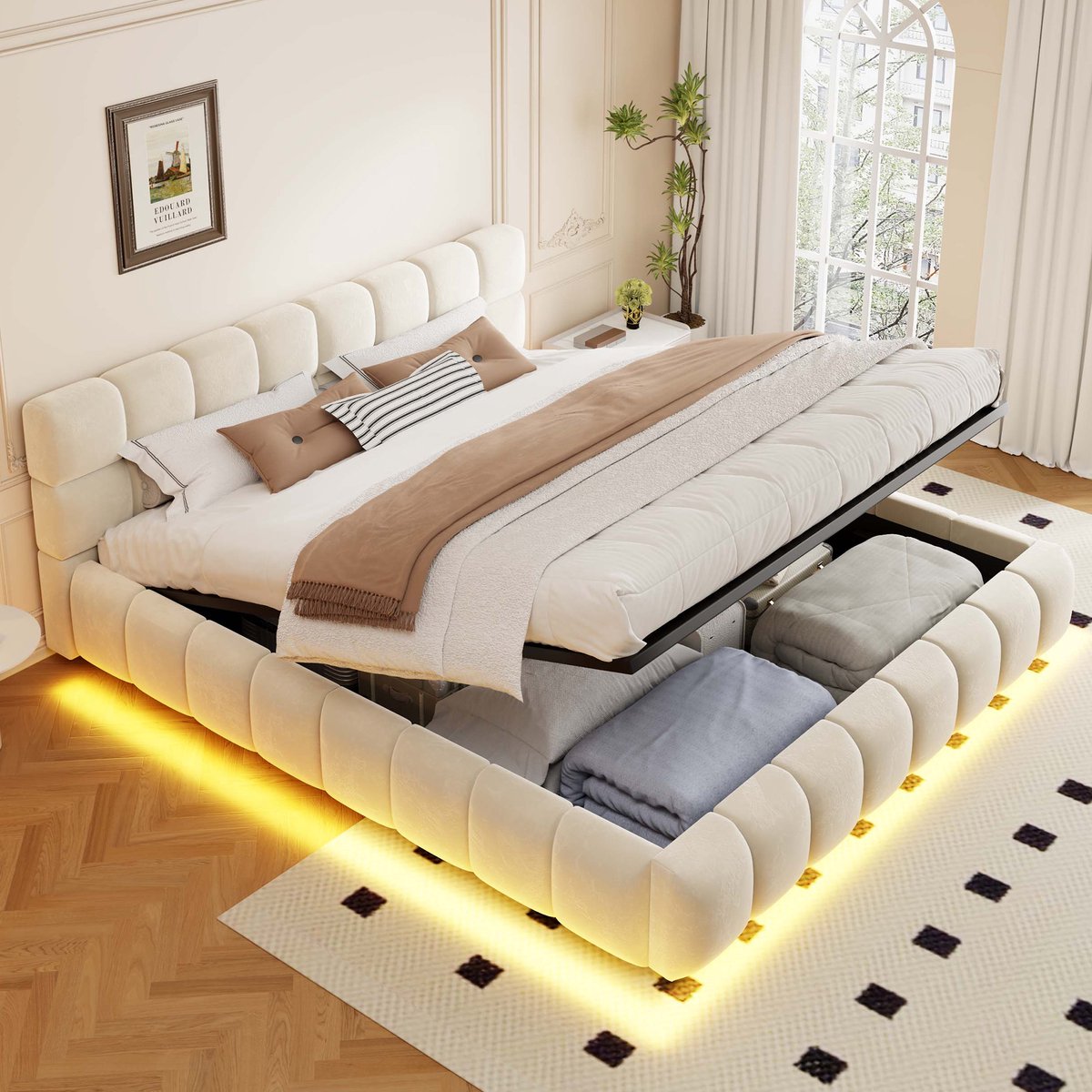 Gepolsterd Bed 160x200 cm - Met Hoofdeinde - Met Fluweel - Met LED-verlichting - Beige