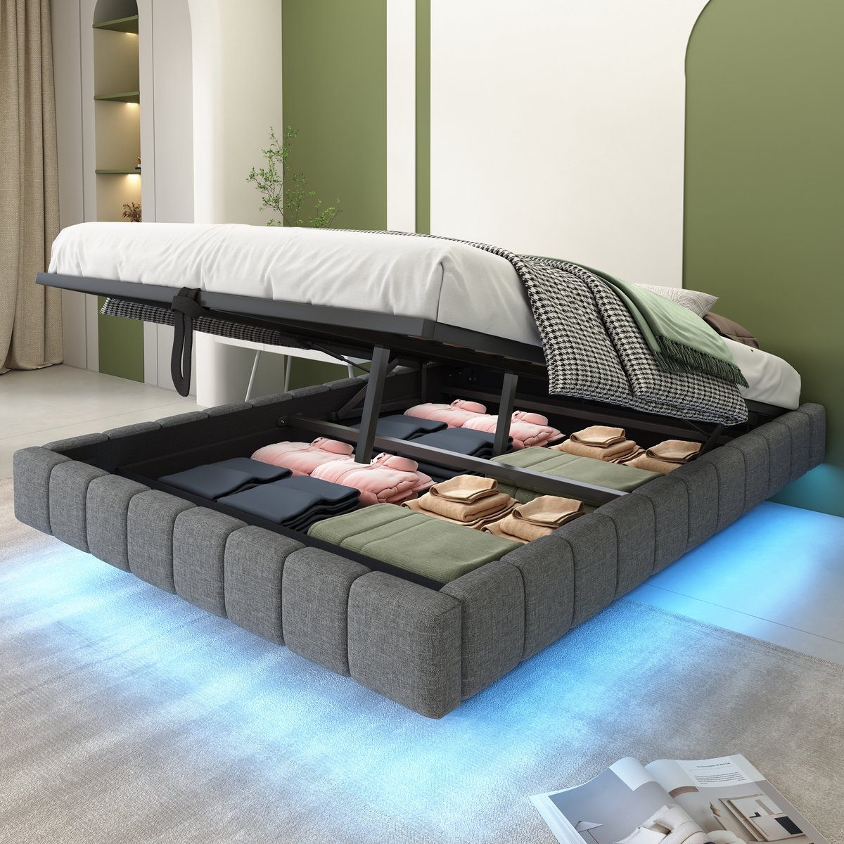 Gepolsterd Bed 140x200 cm - Met Opbergruimte - Met LED-verlichting - Met Hoofdeinde - Grijs