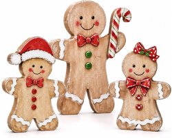 Kerstdecoratie met peperkoekmannetjes - 3-delige set - Kerstornamenten - Peperkoekmannetjes - Kerstdecoraties - Creëer een winterse feeststemming in huis - Geschikt voor etagères, schoorsteenmantels en tafels - 17*8*1 cm - Houtkleur