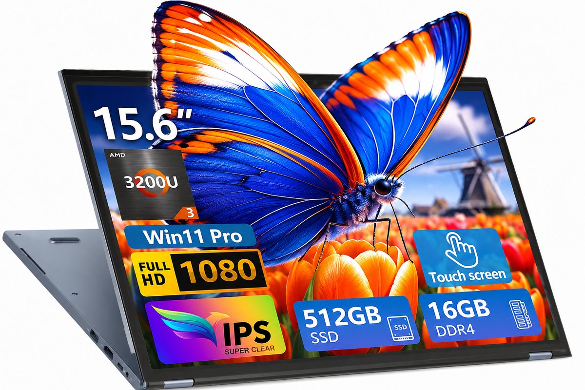 Ninkear 15.6 inch 2-in-1 Touchscreen Laptop - AMD Ryzen 3 3200U - 16GB RAM - 512GB SSD - FHD IPS - 360° Draaibaar - Windows 11 Pro - Dual-Band WiFi - Zilver