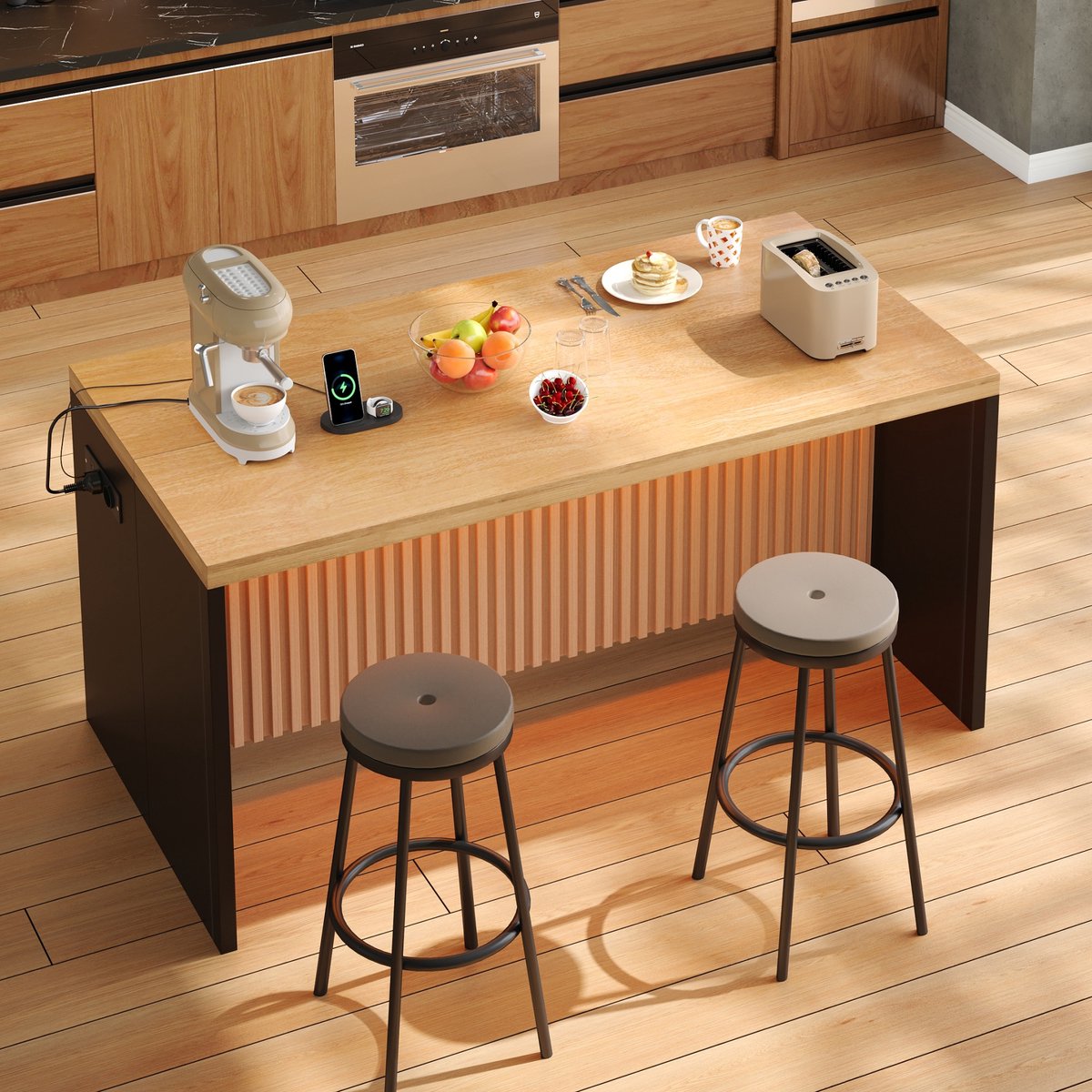 Clruro Keukeneiland - 155 x 80 x 90 cm - LED en Stopcontact - 40 mm Werkblad - MDF - Houtlook/Zwart