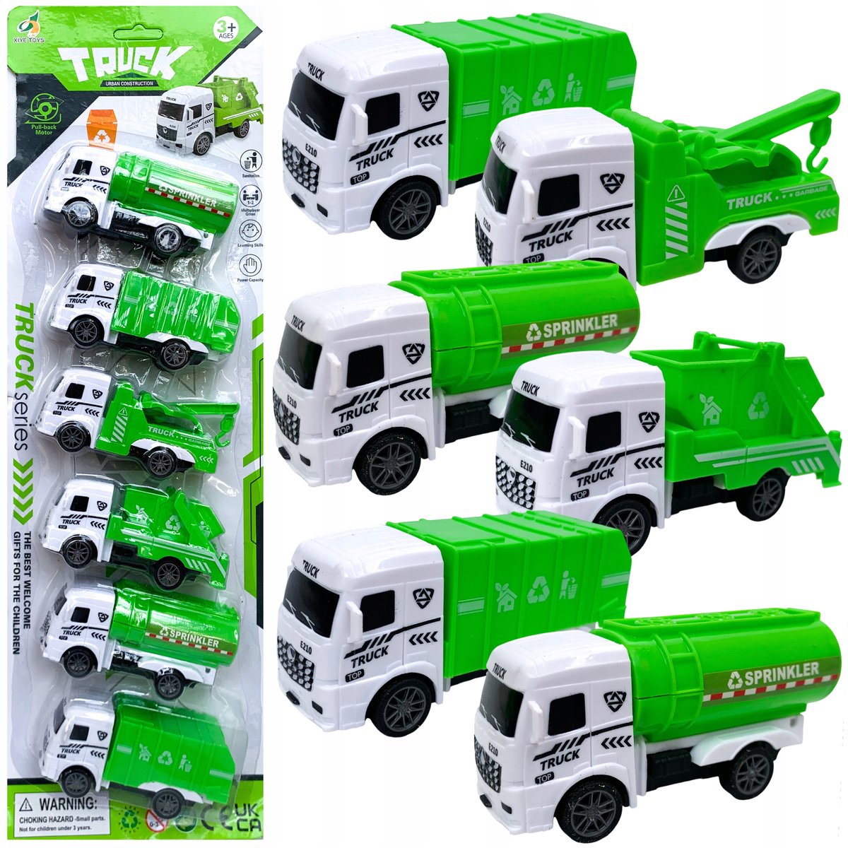 Set van 6 Vuilniswagens - Pull & Back Speelgoed Voertuigen