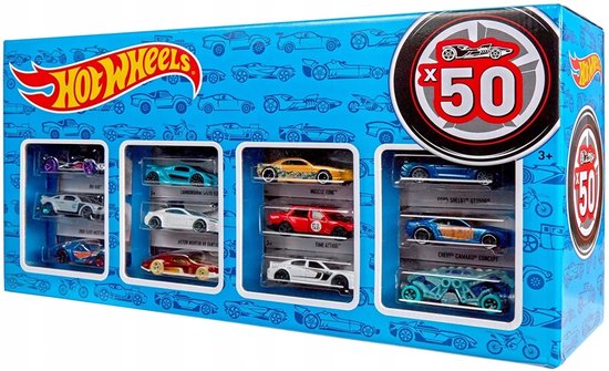 Hot Wheels doos met 50 auto's: 3 rijen met 3 auto's elk, rechts 2 rijen met 2 auto's elk.