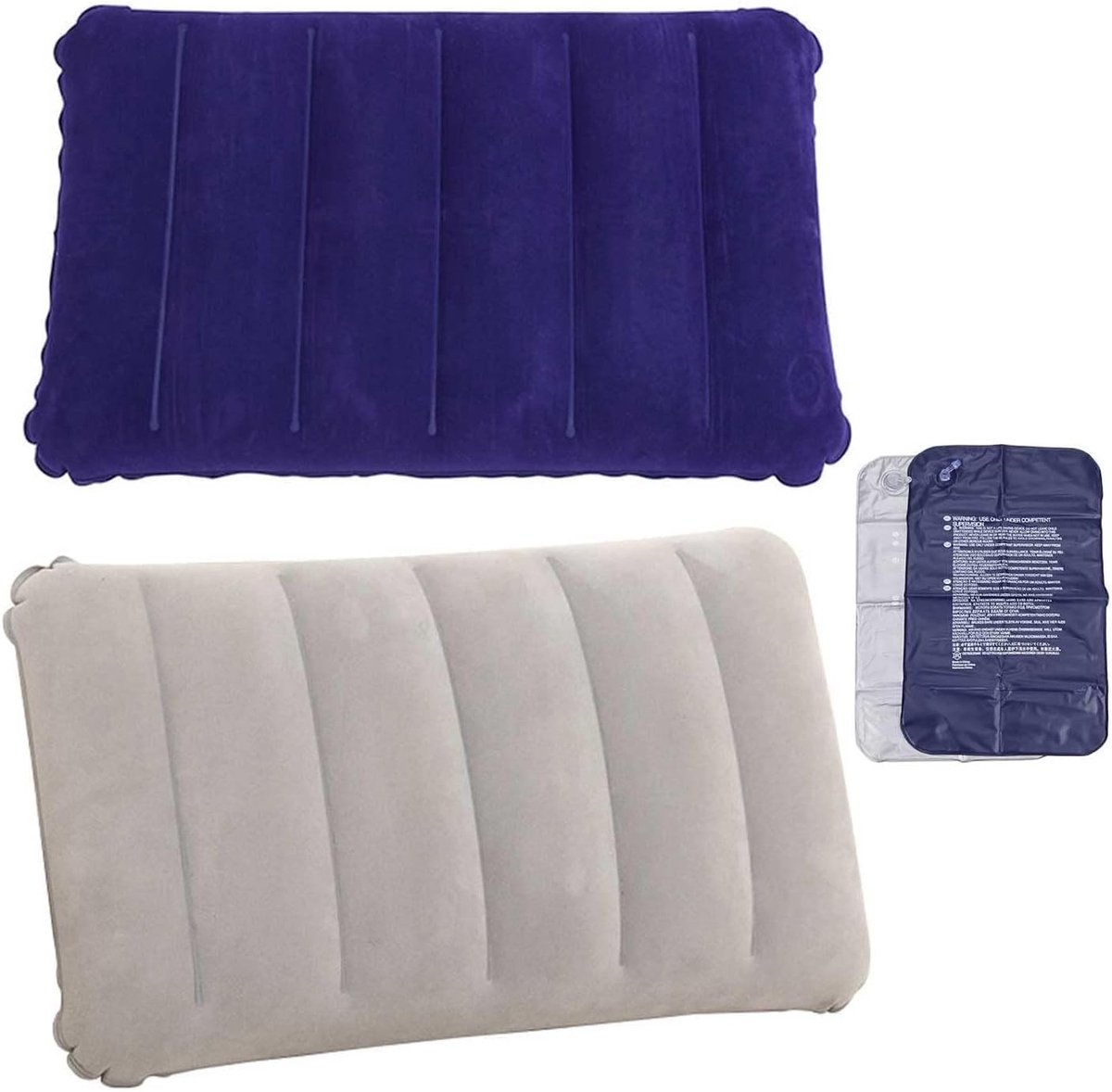 Opblaasbaar Kussen - Blauw en Grijs - 47 x 30 cm - Velours Luchtkussen voor Reizen en Outdoor Activiteiten