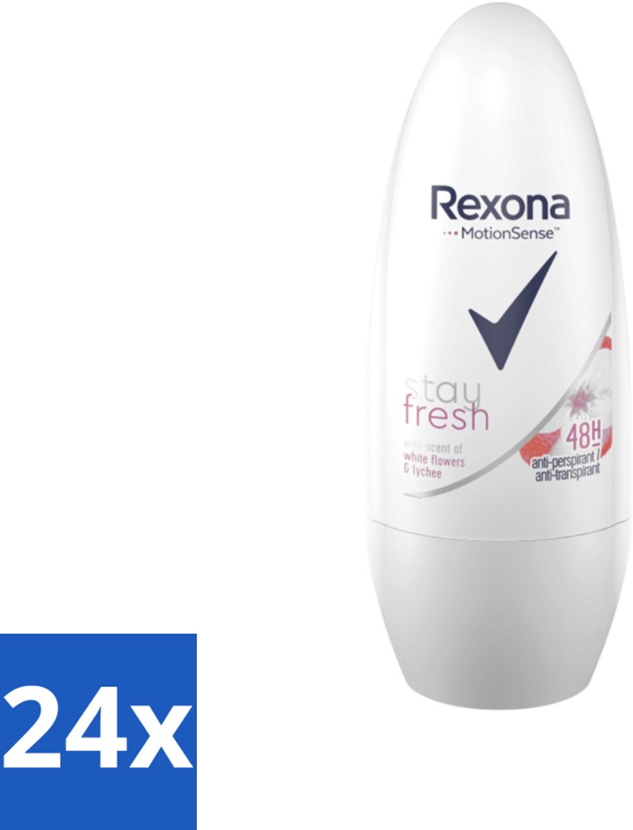 24 x Rexona - Deodorant Roller - Motion Sense - Stay Fresh - Witte bloemen & Lychee - Anti-Transpirant & Perspirant - 50ml - Rexona - Deodorant - Anti-transpirant - MotionSense - Witte Bloemen