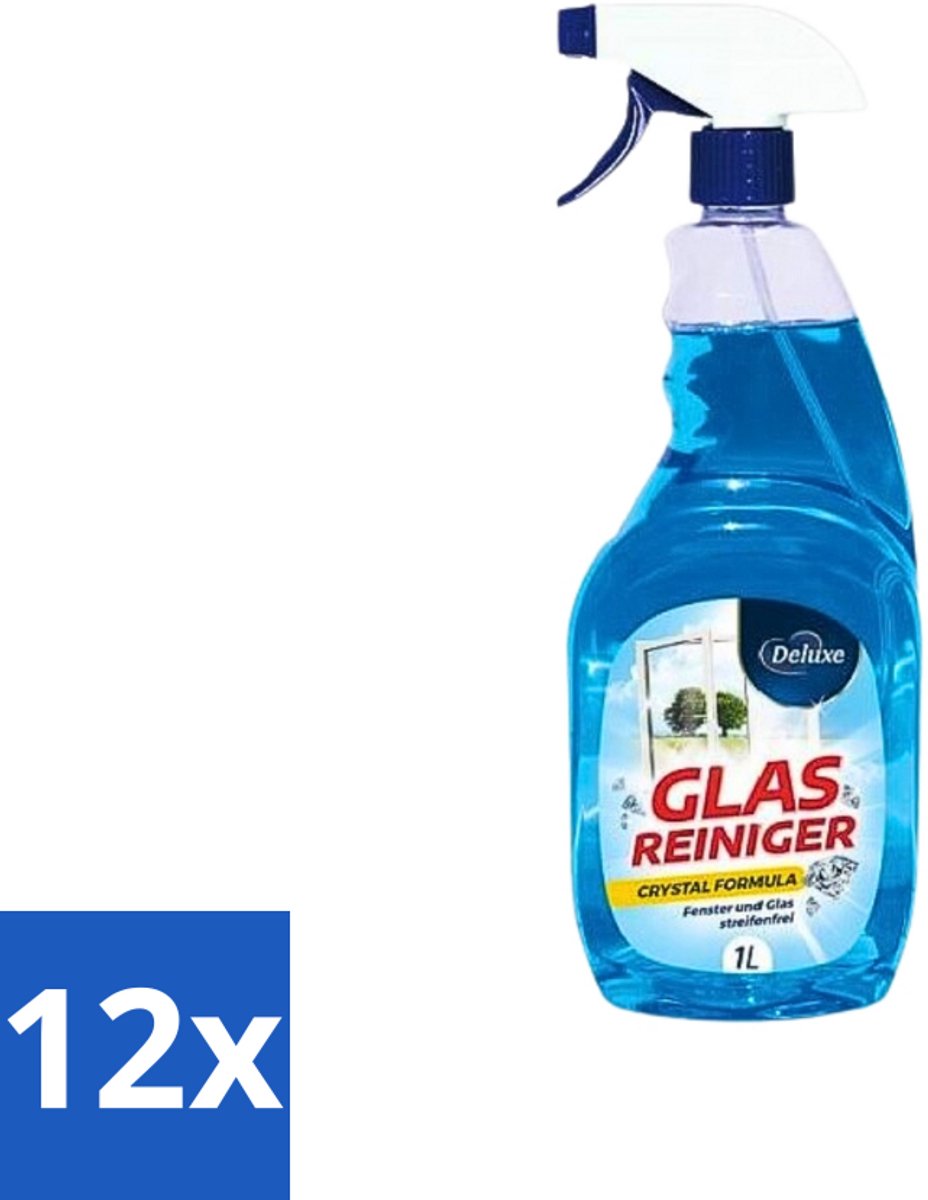 12 x Deluxe - Glasreiniger - Crystal Formule - Streeploze Glans - 1L - Glasreiniger - Ramen Schoonmaken - Spiegels Schoonmaken - Streeploos Glans - Kristalhelder