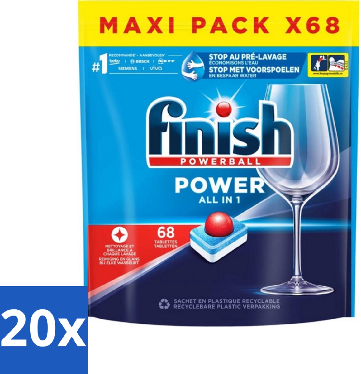20 x Finish Powerball - Power All in 1 - Vaatwastabletten - Reiniging & Glans - 68 Tabletten - Vaatwastabletten - Vaatwasmiddel - Reiniging - Vaatwasser - Anti-kalk