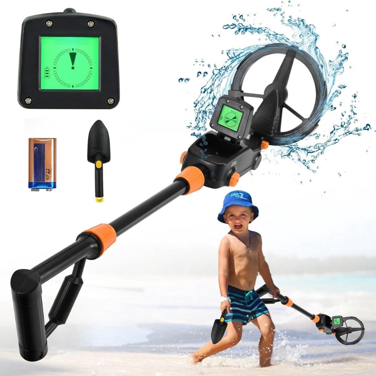 Klarven® Metaaldetector voor kinderen Zwart - Waterdichte spoel - Met LCD-display en geluidssignaal, Inclusief batterijen, schep en hark - L 16 cm