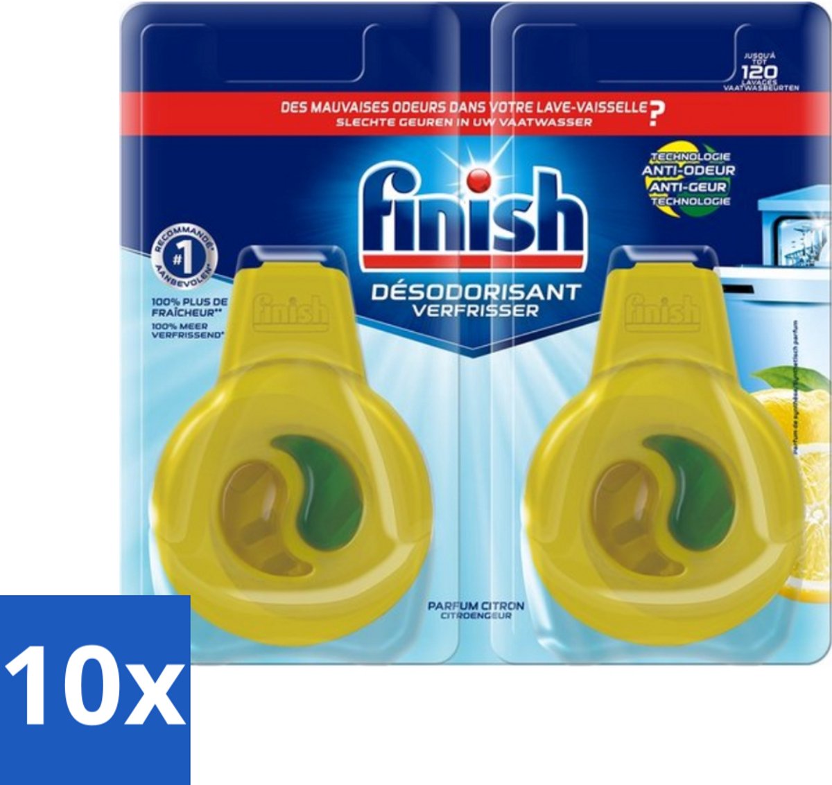 10 x Finish Deo Odorstop - Vaatwasverfrisser - Citroen Parfum - Anti-geur - Tot 120 Afwasbeurten - Vaatwasverfrisser - Geurbeheersing - Citroengeur - Anti-geur - Vaatwasser Geur