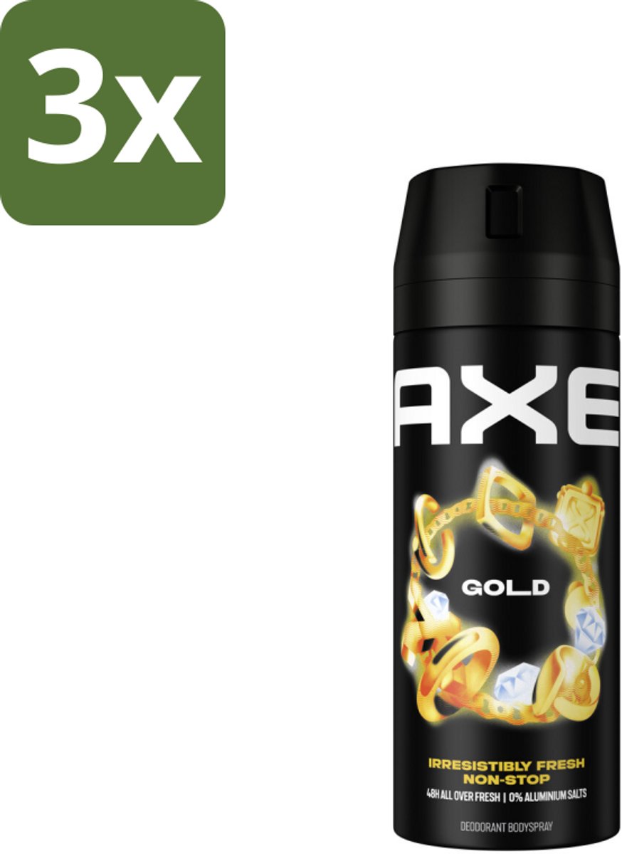 3 x Axe - Deodorant Bodyspray - 48hrs Fresh - Gold - Oud Wood & Fresh Vanilla - 150 ml - 48 Uur Geurbeleid - Deodorant Bodyspray - Oud Hout Geur - Donker Vanille - Geurbestrijdende Zinktechnologie