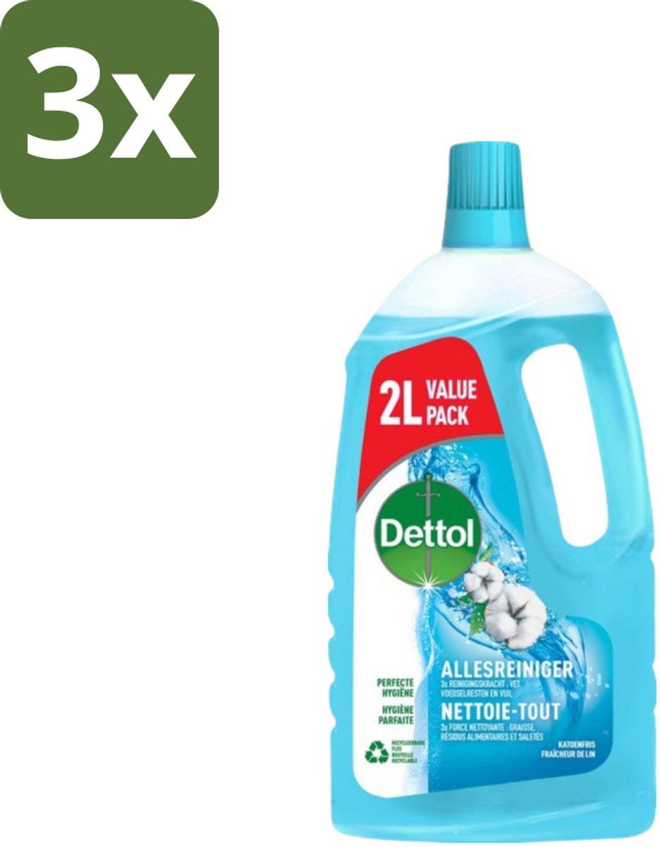 3 x Dettol - Allesreiniger - Katoenfris - Perfecte Hygiëne - 2L - Allesreiniger - Hygiëne - Katoenfris - Vet Verwijderen - Vuil Verwijderen