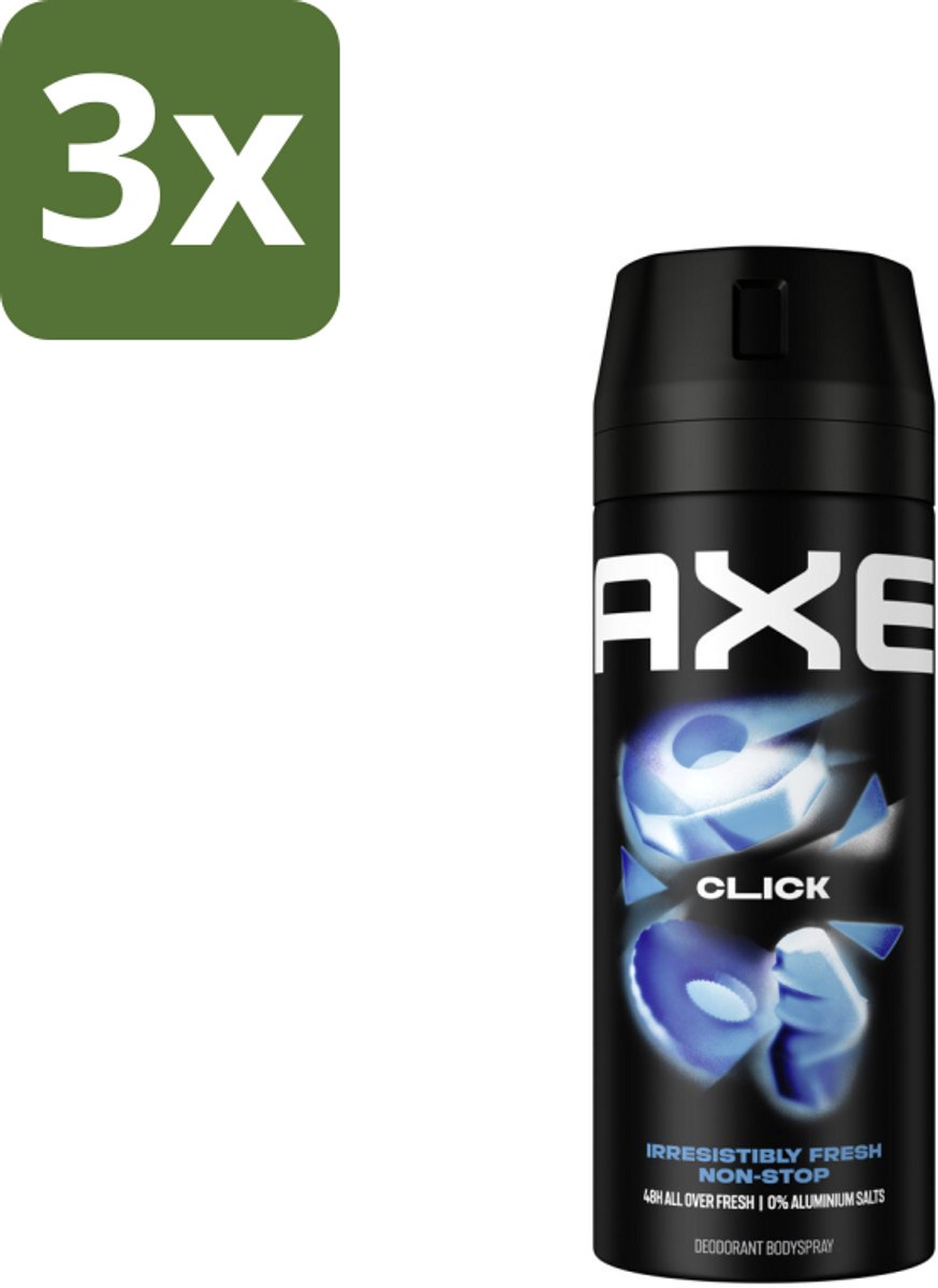 3 x Axe - Deodorant Bodyspray - 48hrs Fresh - Click - Green Apple & Sandalwood - 150 ml - 48 Uur Geurbescherming - Deodorant Sprayer - Frisheid - Geur Van Groene Appel En Sandelhout - Zinktechnologie