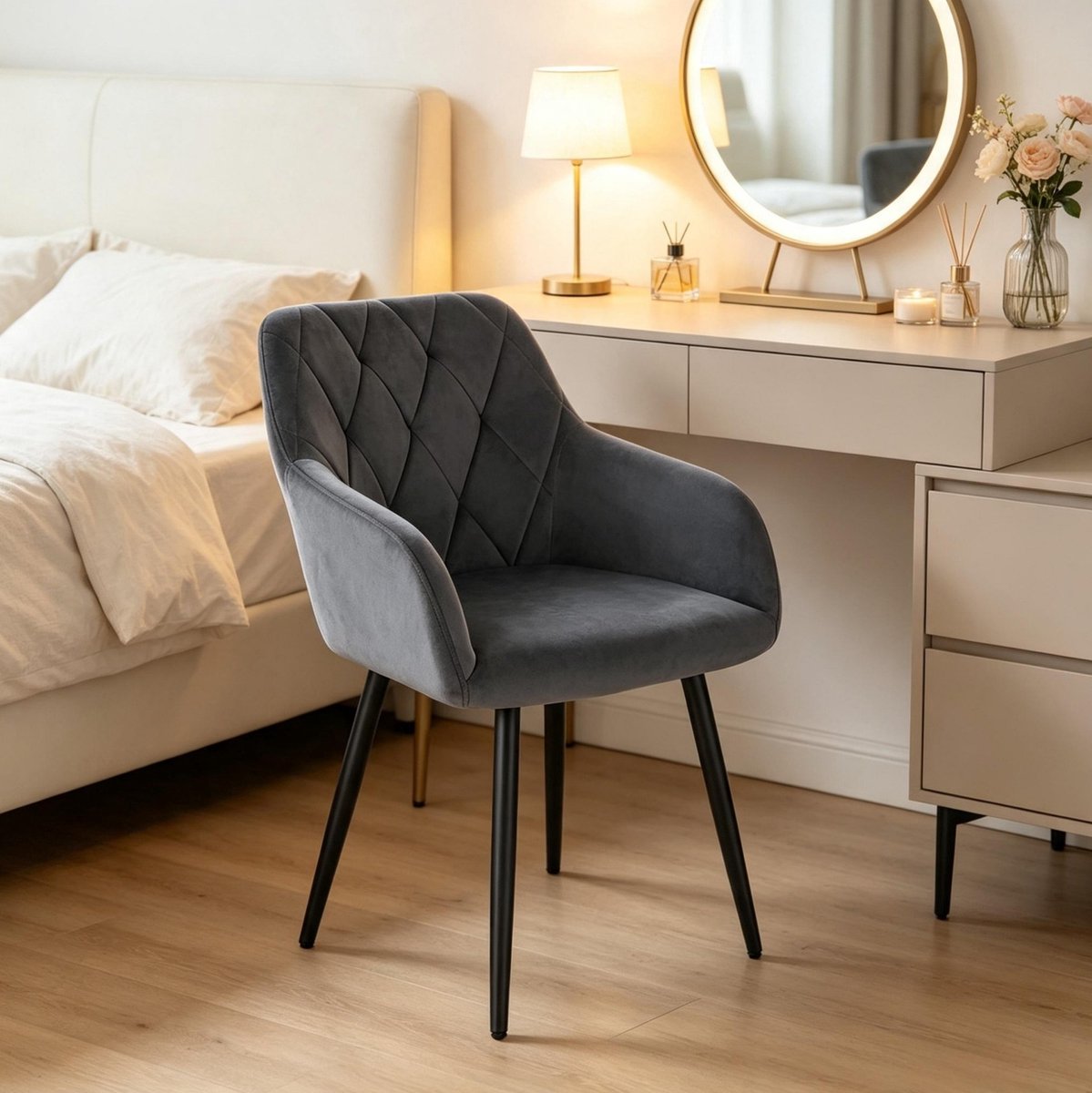 COVREO Eetkamerstoel 44 x 42,5 x 79 cm donkergrijs velvet, met armleuning en modern design