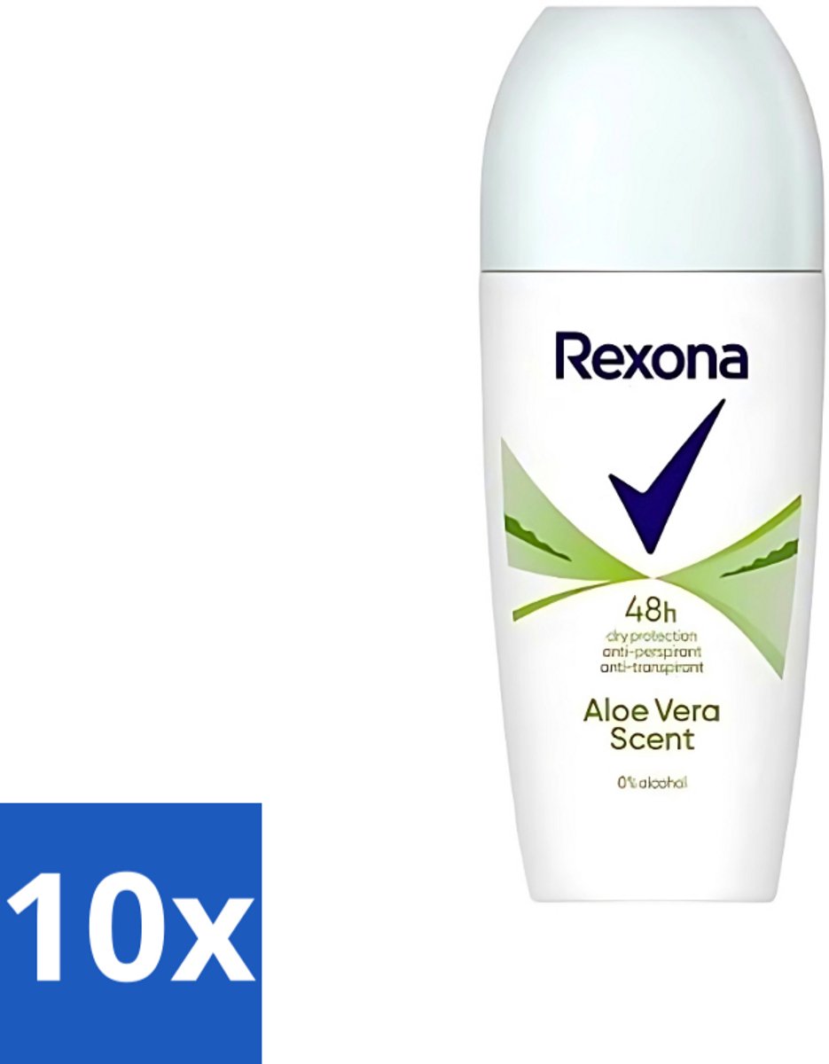 10 x Rexona - Deodorant Roller - Aloe Vera - 0% Alcohol - Anti-Transpirant & Perspirant - 50ml - Aloe Vera - Anti-transpirant - Deodorant - Zweet - Geur