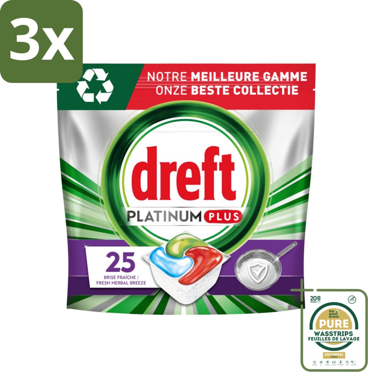 3 x Dreft Platinum Plus - Vaatwascapsules - Deep Clean Boosted - Fresh Herbal Breeze - 25 Afwasbeurten - Grootverpakking - Vaatwassen - Vaatwasmiddel - Vaatwascapsule - Glanzend Schone Vaat - Voedselresten Verwijderen