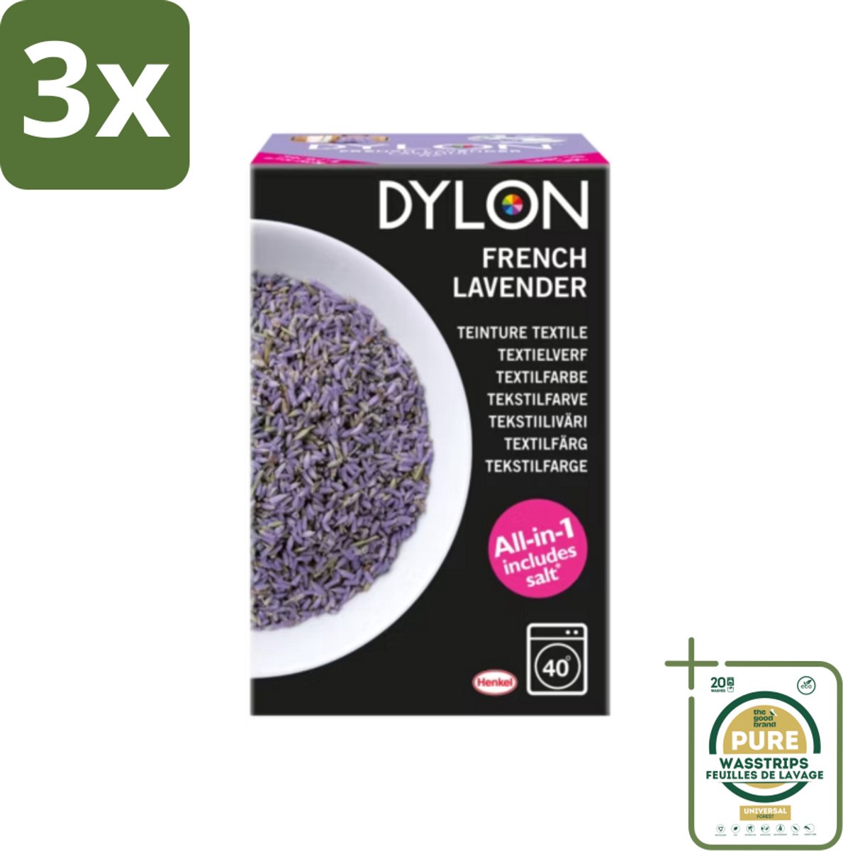3 x Dylon - Textielverf - French Lavender - All-in-One - Inclusief Zout - 350g - Grootverpakking - Textielverf - Lavendelkleur - French Lavender - Zout - Stofverf