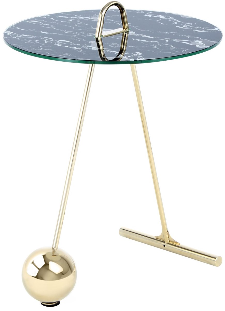 Padiro ronde bijzettafel Ø 46 x 60 cm - goud en zwart - Modern Art-Déco Glamour Look - met marmerenpatroon - glazen tafelblad - stalen onderstel