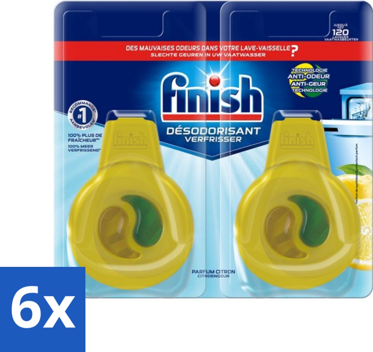 6 x Finish Deo Odorstop - Vaatwasverfrisser - Citroen Parfum - Anti-geur - Tot 120 Afwasbeurten - Vaatwasverfrisser - Anti-geur - Geurbeheersing - Citroen - Vaatwasser