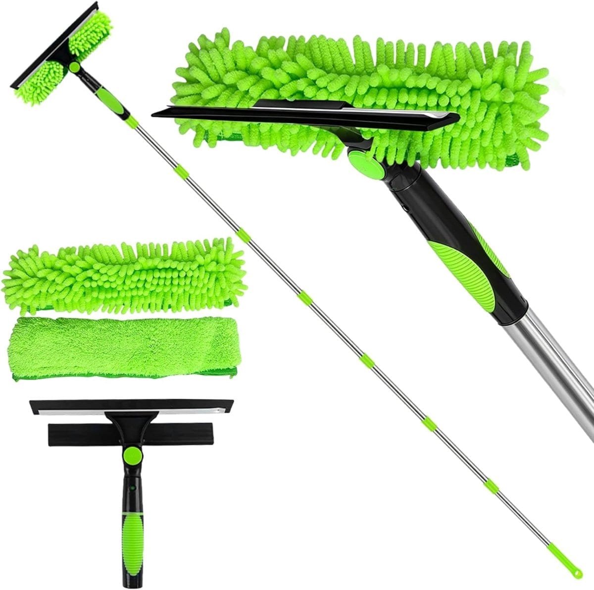 Klarven® Ramenwasser Telescopisch Groen - 2-in-1 Wassen en Drogen - Streeploos Ramen Zonder Ladder - Ramenwasser met Steel - B 17 x D 10 x H 45 cm