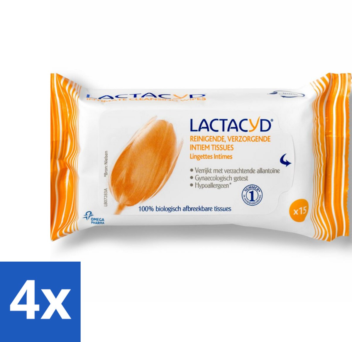 4 x Lactacyd Tissues Verzorgend 15 stuks per verpakking - Intieme Doekjes - Intieme Reiniging - Biologisch Afbreekbaar - Allantoïne - Melkzuur