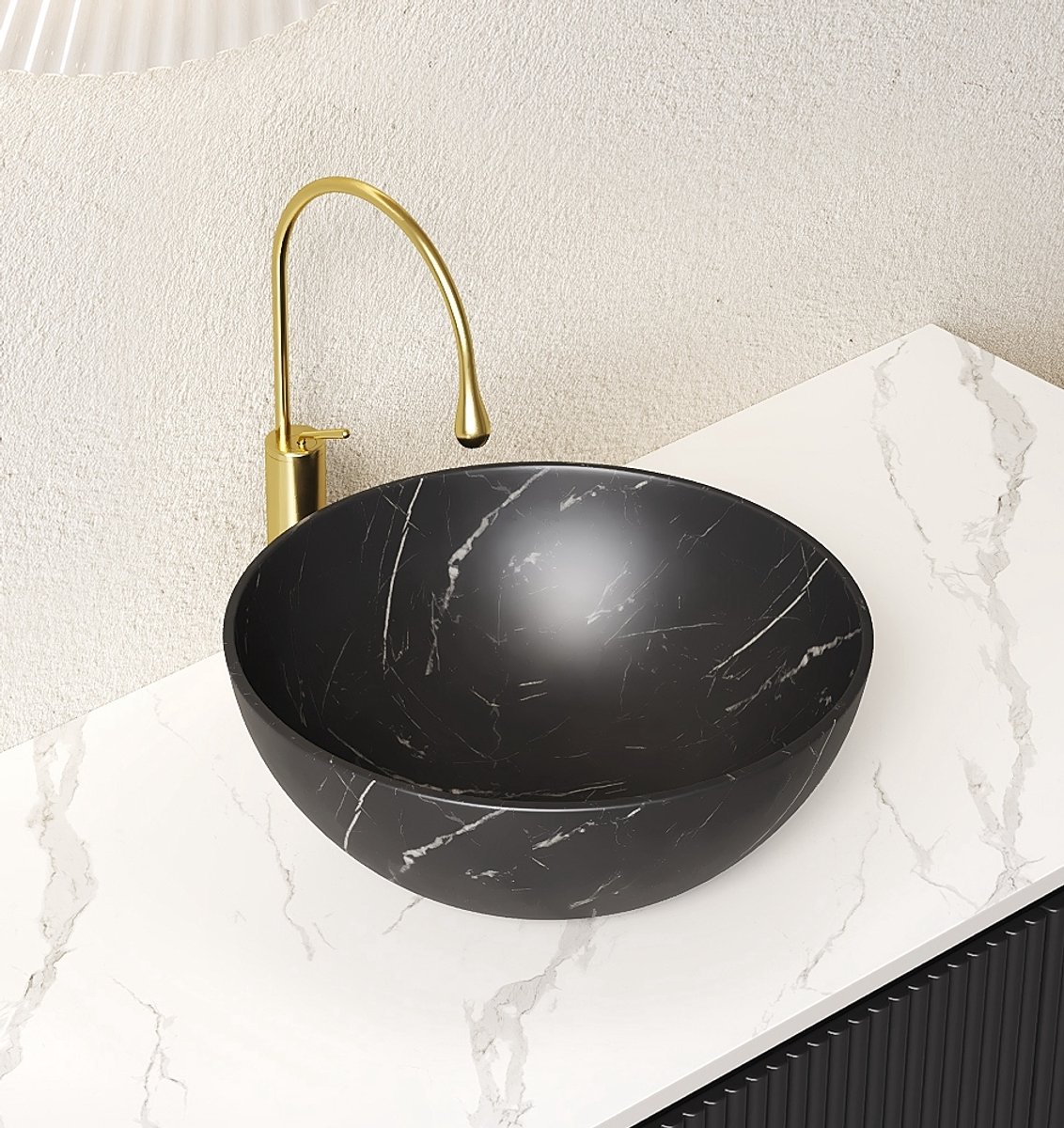 OKWISH Waskom 36 cm – Opbouw Lavabo met Marmerlook – Zonder Kraan en Zonder Onderkast – Voor Badkamer of Toilet – Keramiek – Zwart