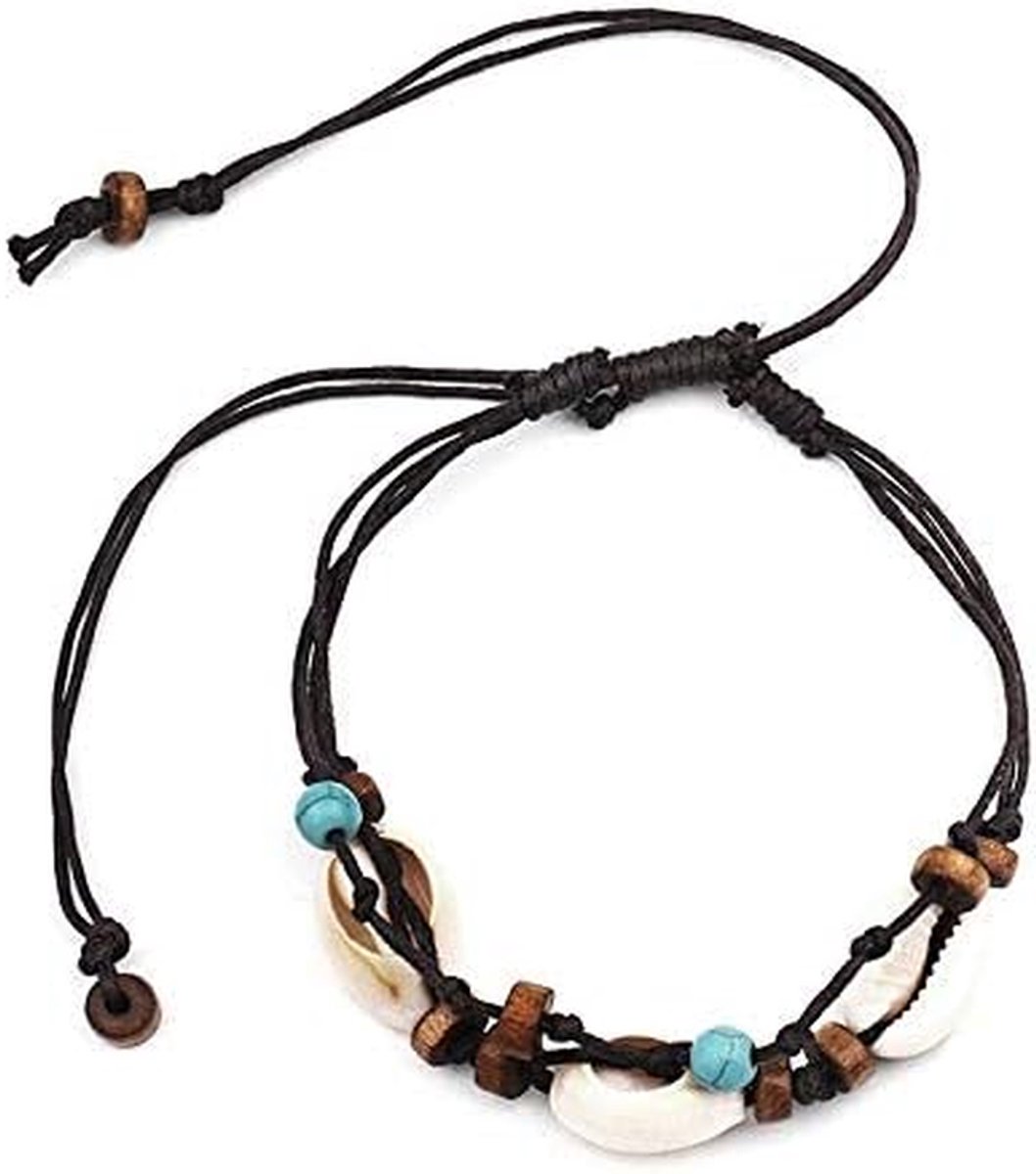 Schelp Anklet - Strand Sieraden - Zomerse Look - Natuurlijke Materialen - Verstelbaar - Bruin
