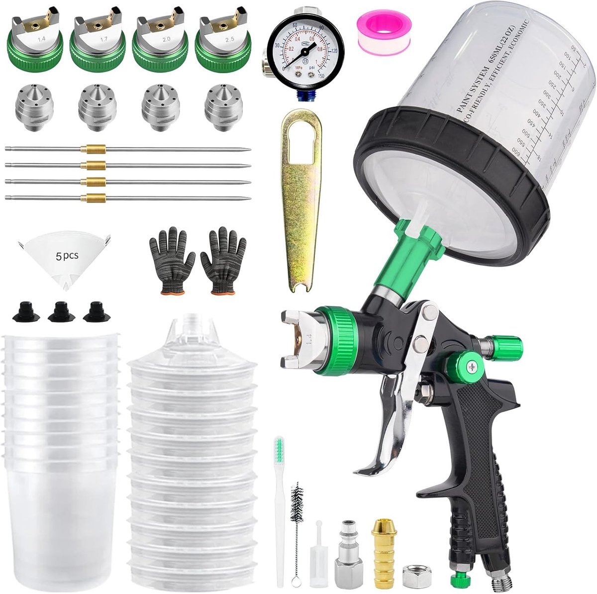 Professionele HVLP Spuitpistool met 4 Nozzles en 600 ml Wegwerpverf Cup voor Muren, Meubels en Schuttingen