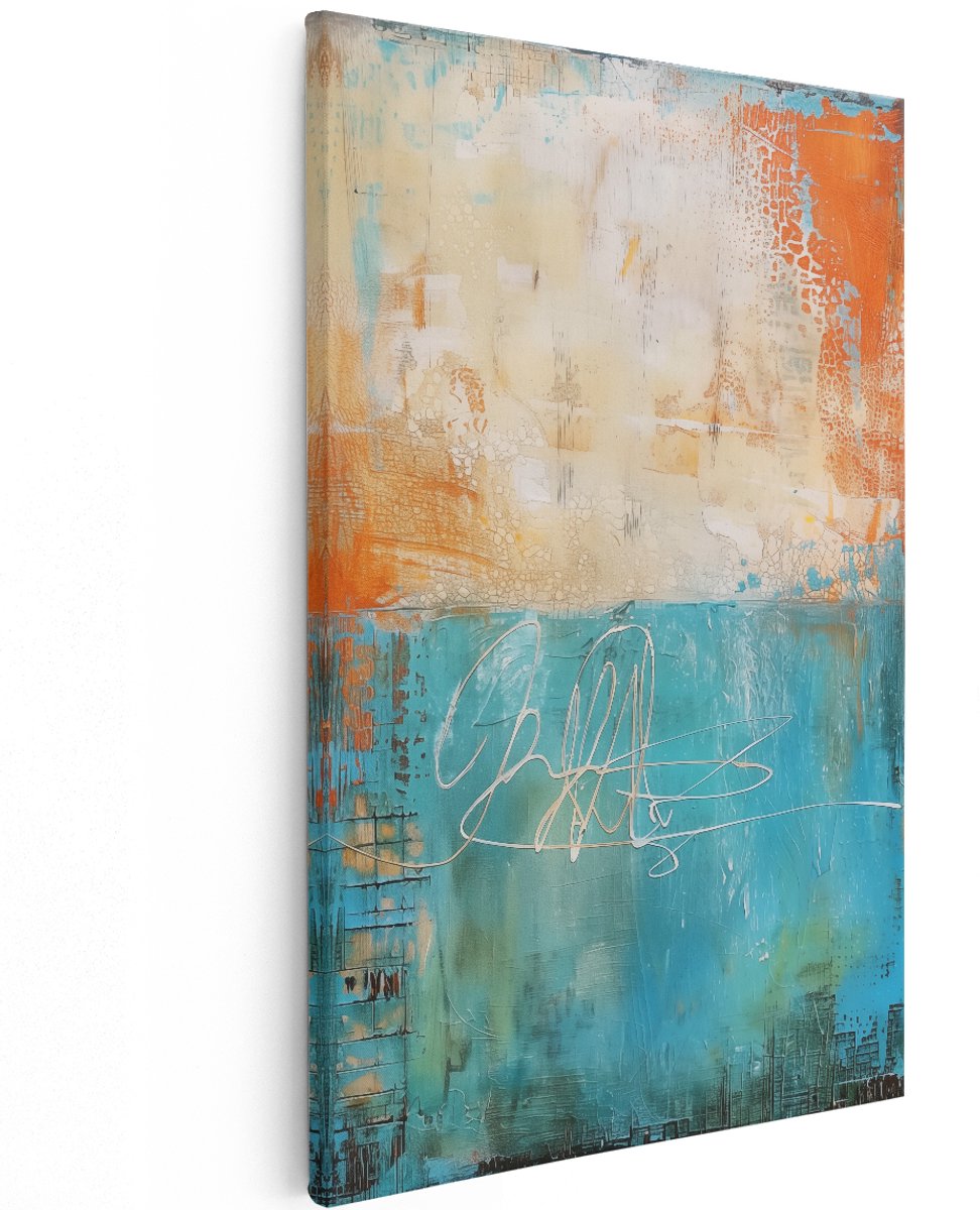 Artaza Canvas Schilderij Abstract Oranje en Blauwe Kleuren - 100x150 cm - Groot - Wanddecoratie Woonkamer - Schilderijen - Muurdecoratie