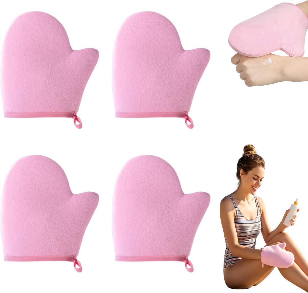 4 stuks - Handschoenen - Bruiningshandschoenen - Bruiningsapplicator - Handschoenen voor bodylotion - Herbruikbaar - Met duim - Roze - 19,5 cm x 6 cm x 0,8 cm - Gladde, gelijkmatige applicatie zonder strepen
