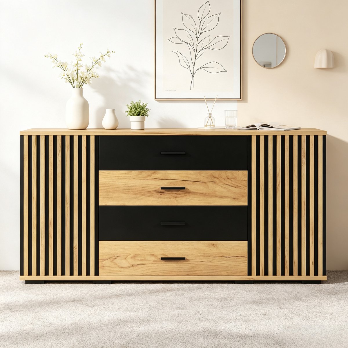 VVBV Dressoir 140x35x70 cm - 4 Lades, Verstelbare Planken, 2 Deuren, Opbergruimte - Zwart