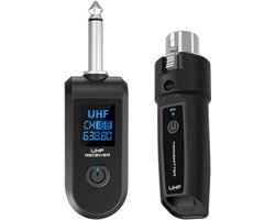 Verbeterde 2,4 GHz draadloze XLR-zender en -ontvanger met ingebouwde oplaadbare lithiumbatterij voor dynamische microfoons, audiomixers, elektrische gitaren en basgitaren (1 ontvanger + 1 zender).