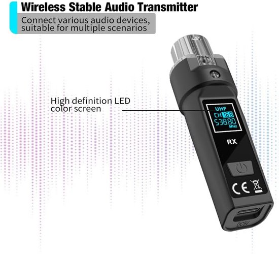Upgrade 2,4 GHz draadloze XLR-zender en -ontvanger met ingebouwde oplaadbare lithiumbatterij voor dynamische microfoons, audiomixers, elektrische gitaren en basgitaren (1 ontvanger + 1 zender) — afbeelding 5