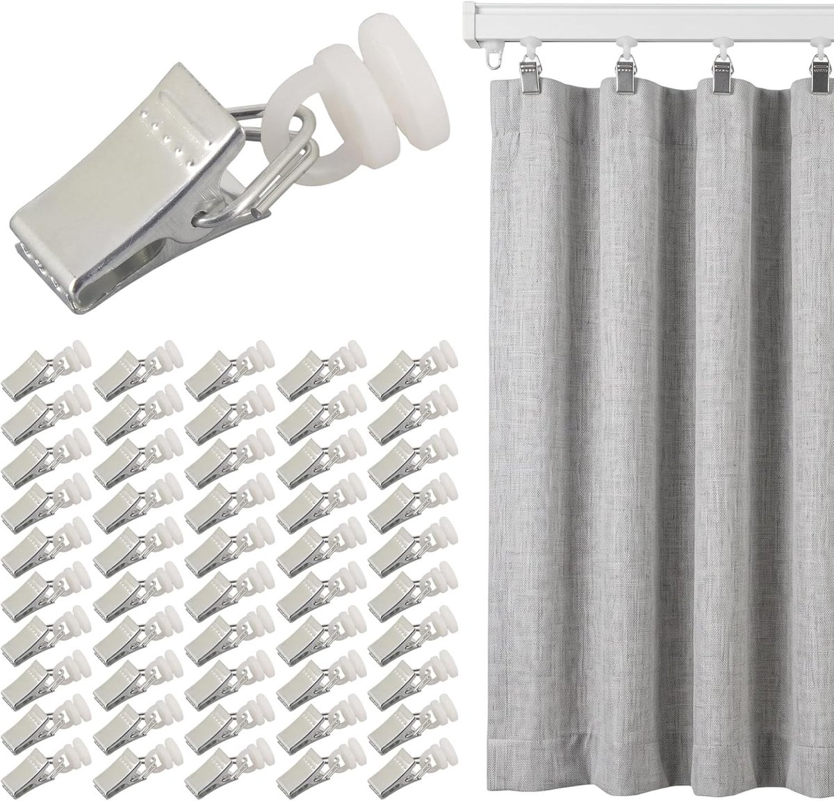 Gordijnrails Compleet - Zilver - Metalen Gordijnhaken met Clips en Rollen - Voor Binnen en Douche