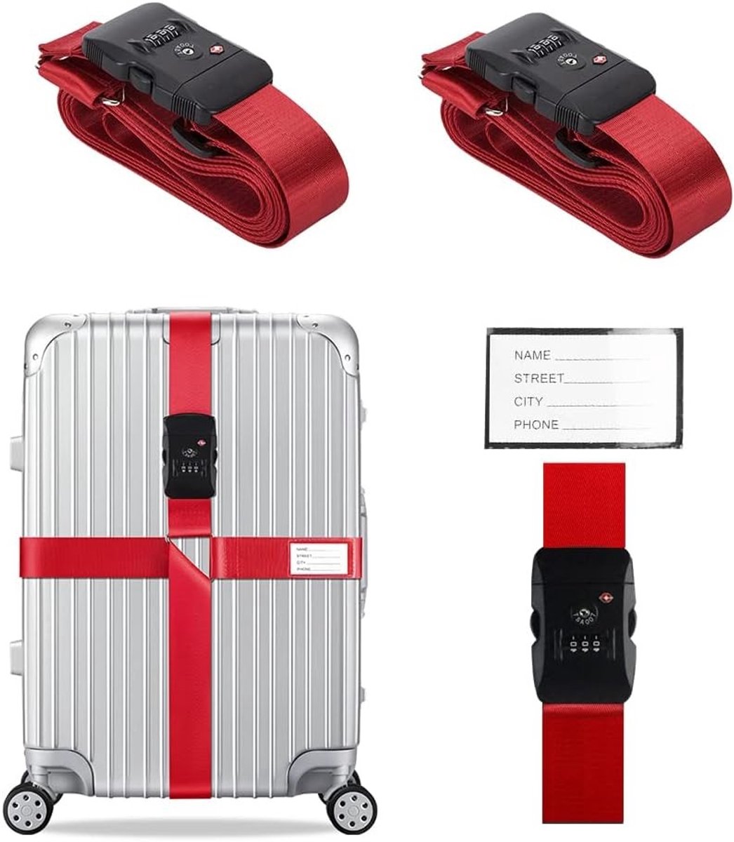 Verstelbare Bagagestraps met TSA Slot en Bagagetags, Opvallende en Gemakkelijke Identificatie voor Reiskoffers (Rood, 2 stuks)