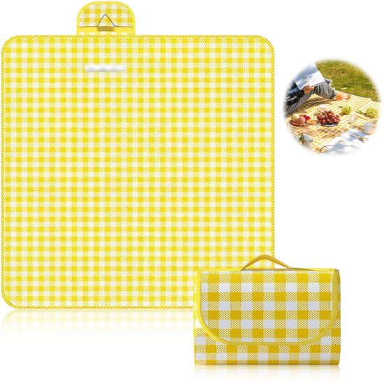 Couverture de pique-nique étendue à carreaux jaune et blanc avec une couverture pliée à côté. Une petite photo montre un pique-nique sur la couverture.
