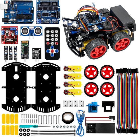 Robotonderdelen: twee chassis, motor, wielen, printplaten, sensoren, batterijen, afstandsbediening, schroeven, bedrading.