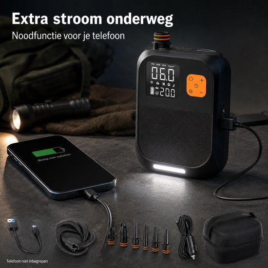 Oplaadbare Elektrische Luchtpomp 25 PSI met LED, USB en 6 Adapters voor SUP, Luchtbedden en Tenten — afbeelding 4