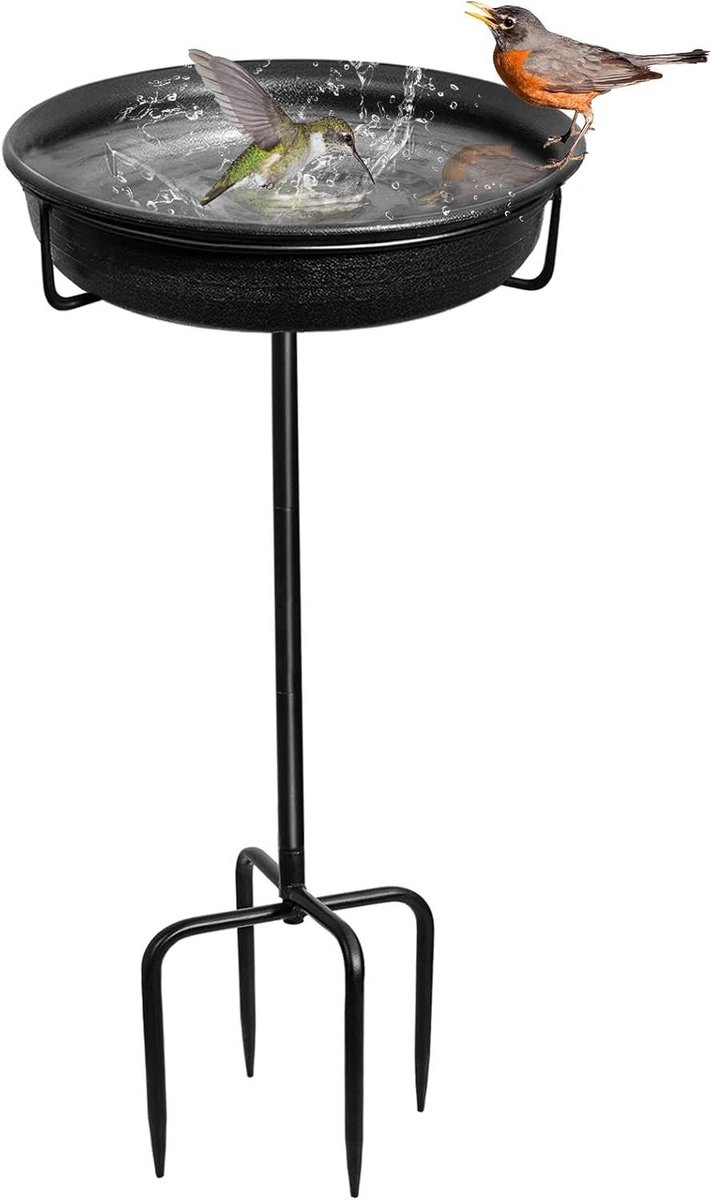 Vogelbad Tuin - Voederbak Waterkom - Vogels Voeren - Stabiele Paalvoet - 26.5 cm Diameter - Zwart